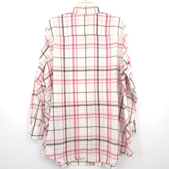 Foxcroft plaid long sleeve button up tunic top Size 16w cream pink pockets - Picture 7 of 7